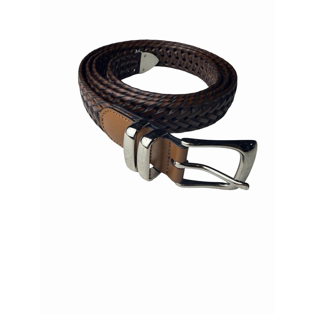 Perry Ellis Belt Men's 50 Portfolio Brown Leather Braided Belt Silver Buckle Tip